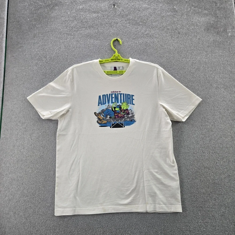 Adidas Men Shirt L White Graphic Print Adventure Camping Logo READ